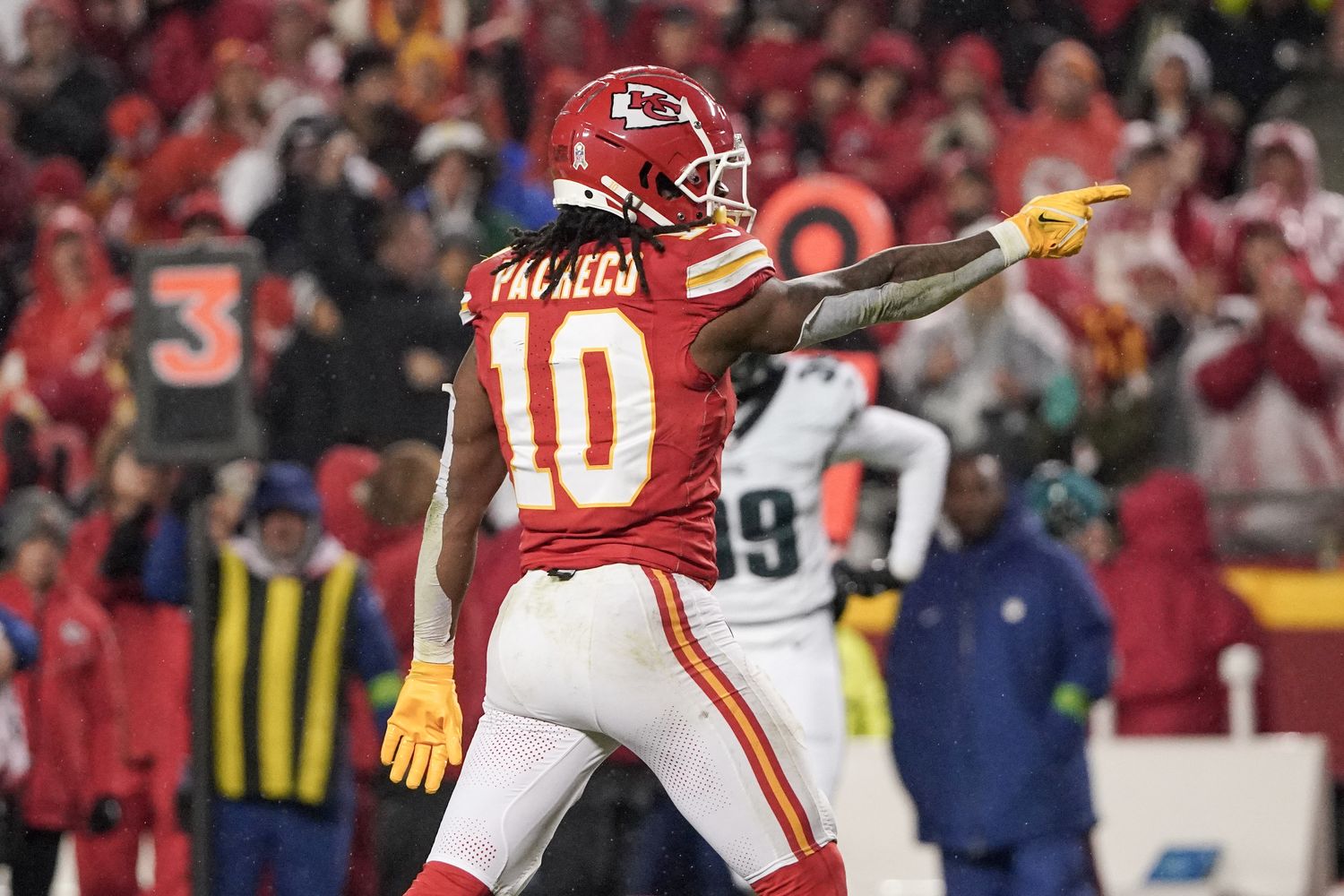 Nov 20, 2023; Kansas City, Missouri, USA; Kansas City Chiefs running back Isiah Pacheco (10) celebrates after a run against the Philadelphia Eagles during the first half at GEHA Field at Arrowhead Stadium. Mandatory Credit: Denny Medley-USA TODAY Sports  